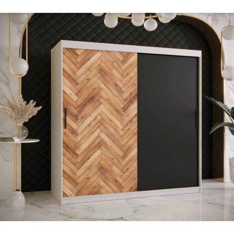 ArtAbiks Šatníková skriňa PARKIET | 180  x 200 cm farebné prevedenie: Biela / dub artisan / čierna