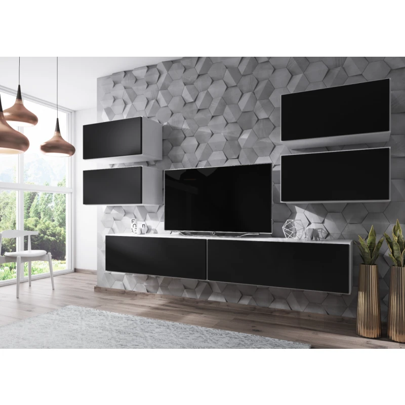 ArtCam Obývacia stena ROCO 2 roco: korpus biely mat / okraj biely mat / dvierka čierny mat