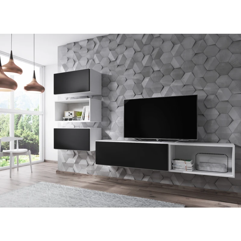 ArtCam Obývacia stena ROCO 4 roco: korpus biely mat / okraj biely mat / dvierka čierny mat