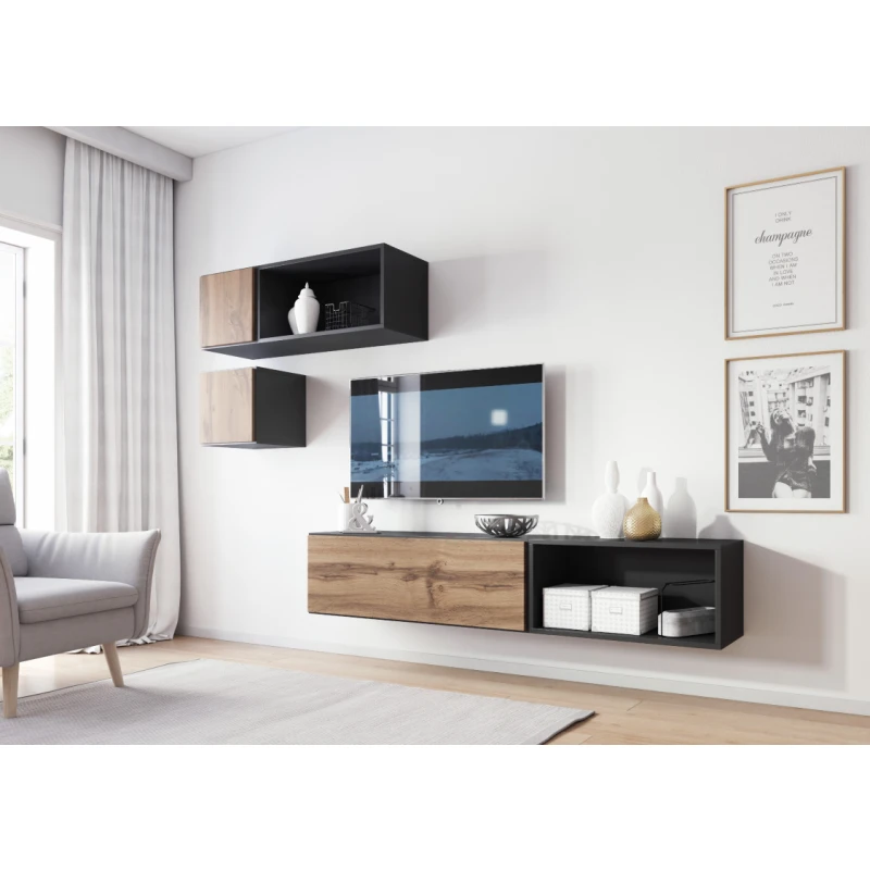 ArtCam Obývacia stena ROCO 5 roco: korpus antracyt mat / okraj antracyt mat / dvierka dub wotan mat