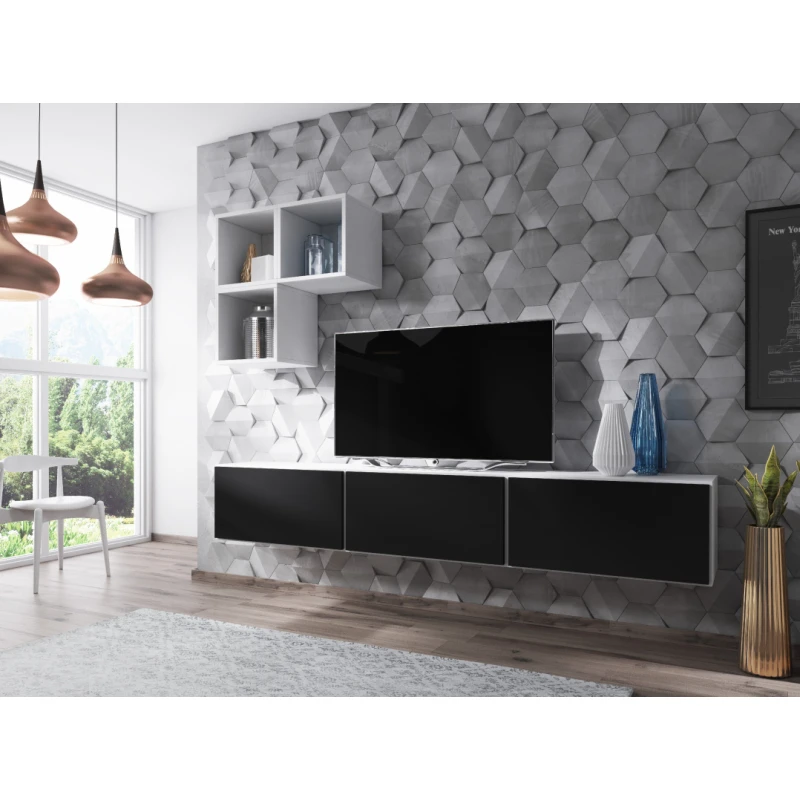 ArtCam Obývacia stena ROCO 6 roco: korpus biely mat / okraj biely mat / dvierka čierny mat