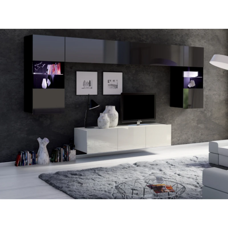 ArtGiB Obývacia stena CALABRINI II FARBA: Biela - biely lesk / čierna - čierny lesk