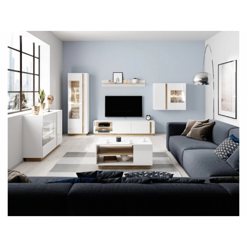 ArtLas Obývacia stena ARTENS | biela / biely lesk / dub grandson