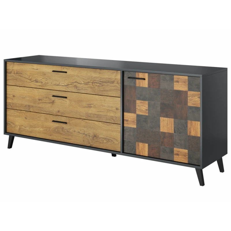 CAMA MEBLE Soul 1D3S jednodverová komoda so zásuvkami antracit / alpský dub tmavý / aquare dance dark