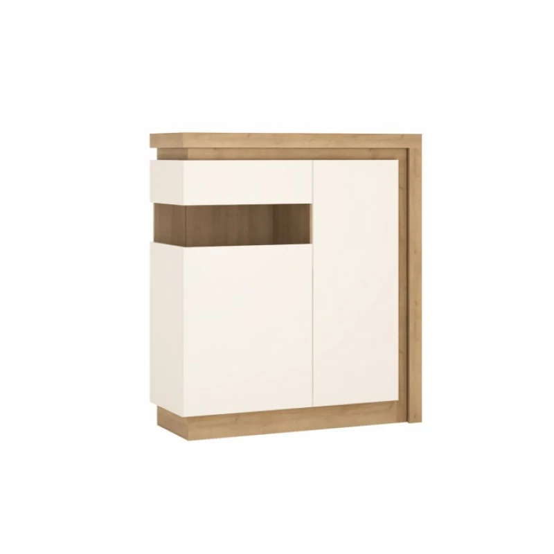 KONDELA Leonardo LYOV 4 L vitrína s osvetlením dub riviera / biela