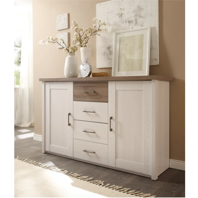 KONDELA Lumera dvojdverová komoda pínia biela / dub sonoma truflový