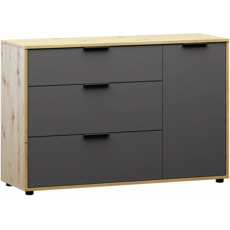 NABBI Neston 1D/3DR komoda so zásuvkami sivý grafit / dub wotan