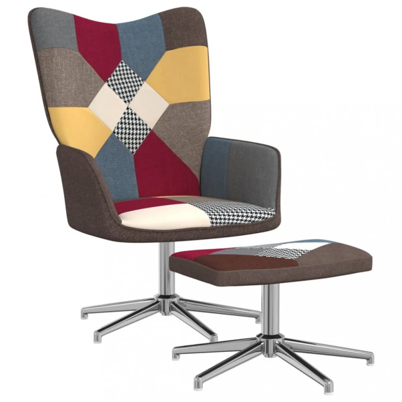 Otočné kreslo s podnožkou patchwork látka / kov Dekorhome Chróm