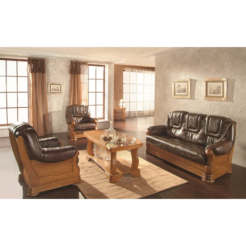 PYKA Aneta II kožená sedacia súprava drevo D3 / tmavohnedá (DTS53)