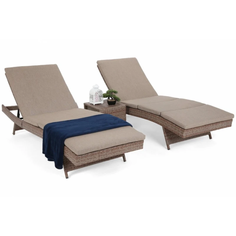 Záhradné lehátko 2 ks so stolíkom a poduškami Prírodná